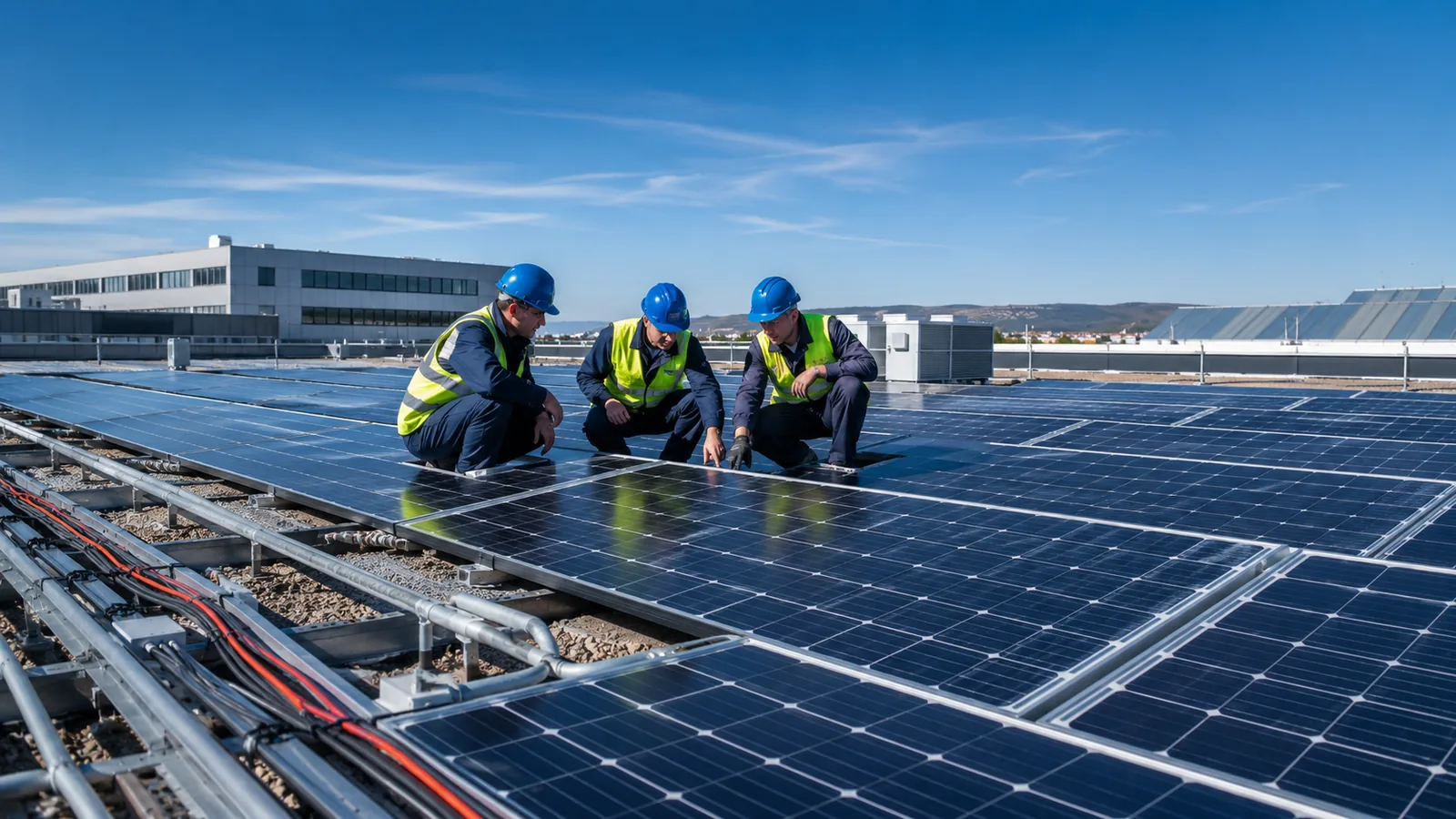 Monteure prüfen Solarmodule auf einem gewerblichen Flachdach